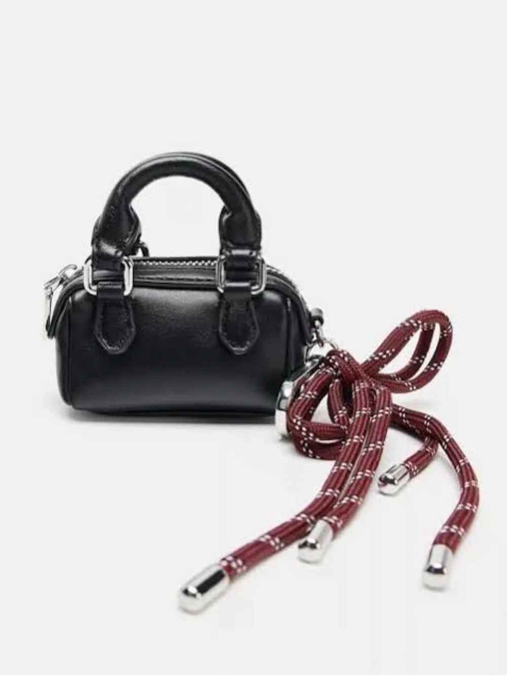 Zara Black Mini Bag Charm Key & Card Holder with Burgundy Cord